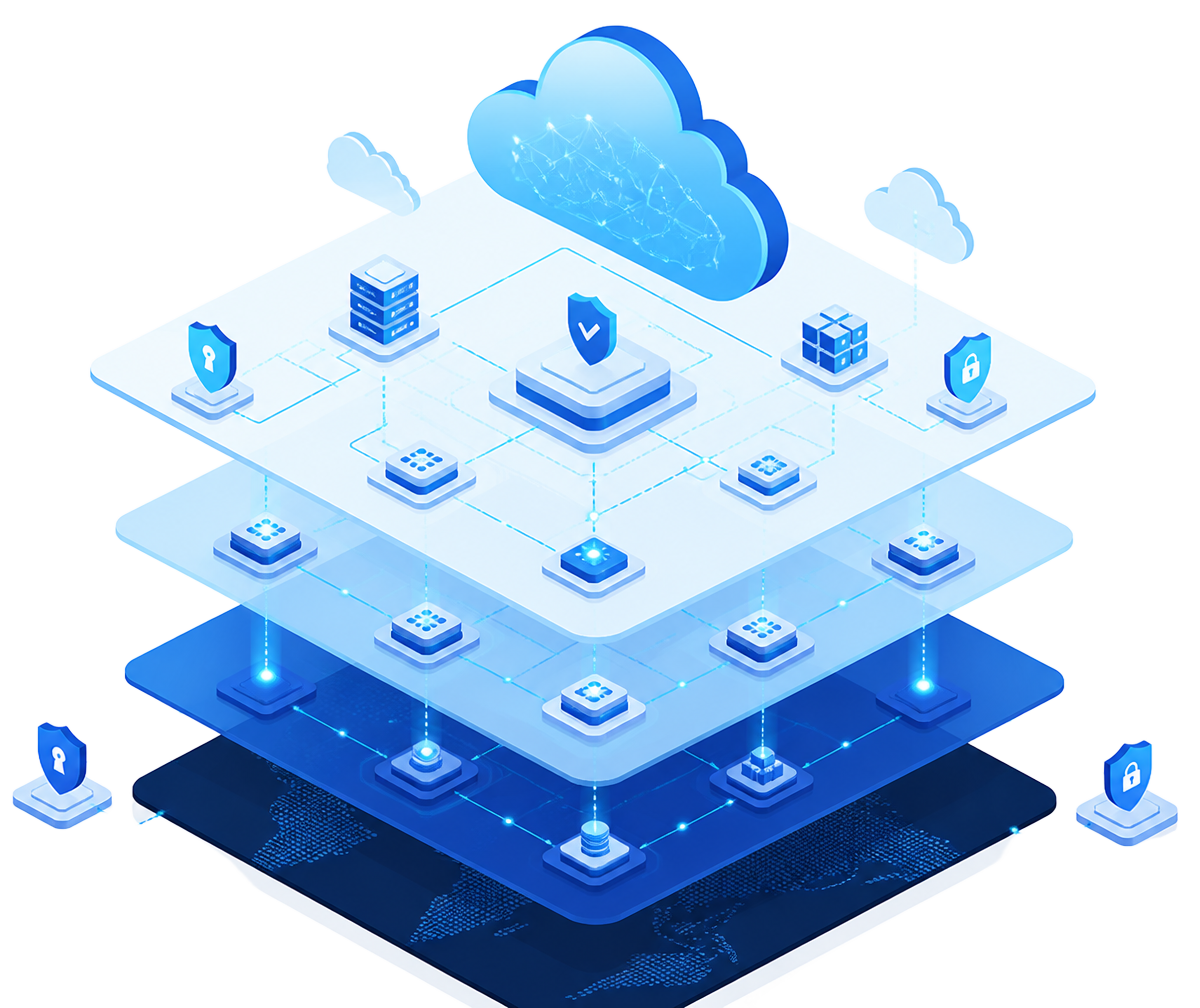Layered cloud platform diagram showing connected data pathways, intelligence nodes and security controls